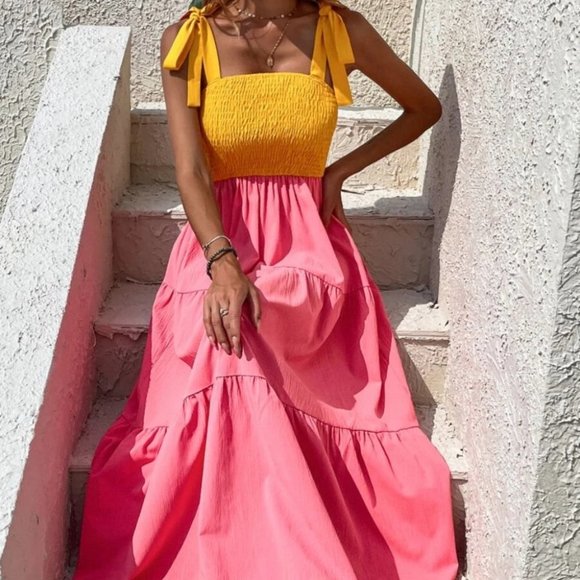 Lemonade ColorBlock Shirred  Ruffled Hem Cami Dress - Picture 6 of 10